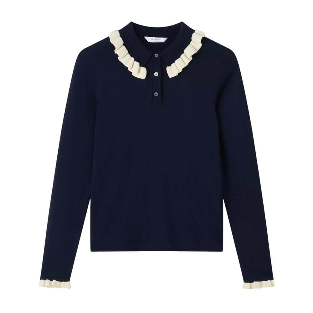 L.K. Bennett Tate Navy Frill Collar Cotton Sweater